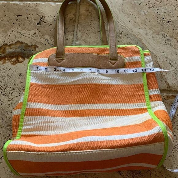 Neiman Marcus bag large tote Orange/white/green trim open double strap purse - Picture 4 of 10